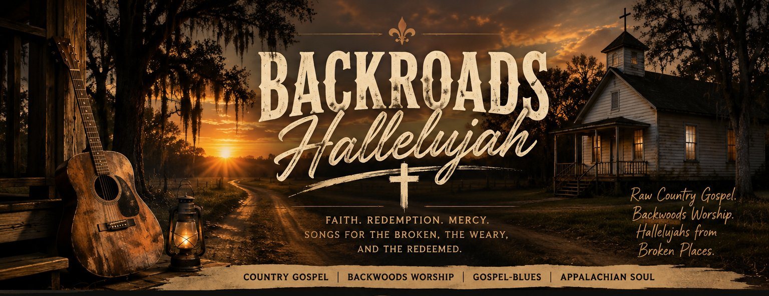 Backroads Hallelujah — a sunset dirt road leading past an old country church, with an acoustic guitar and lantern on a weathered porch