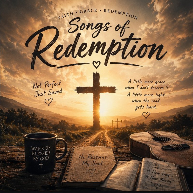 Songs of Redemption album cover — a wooden cross at sunset on a country road with an open Bible, guitar, and a coffee mug